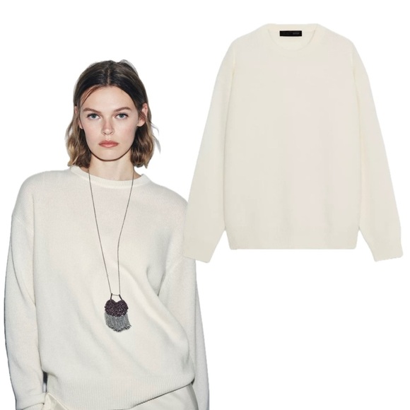 NWOT Zara 100% Cashmere Off Cream White Knit Woven Crochet Crewneck Sweater - Picture 3 of 11